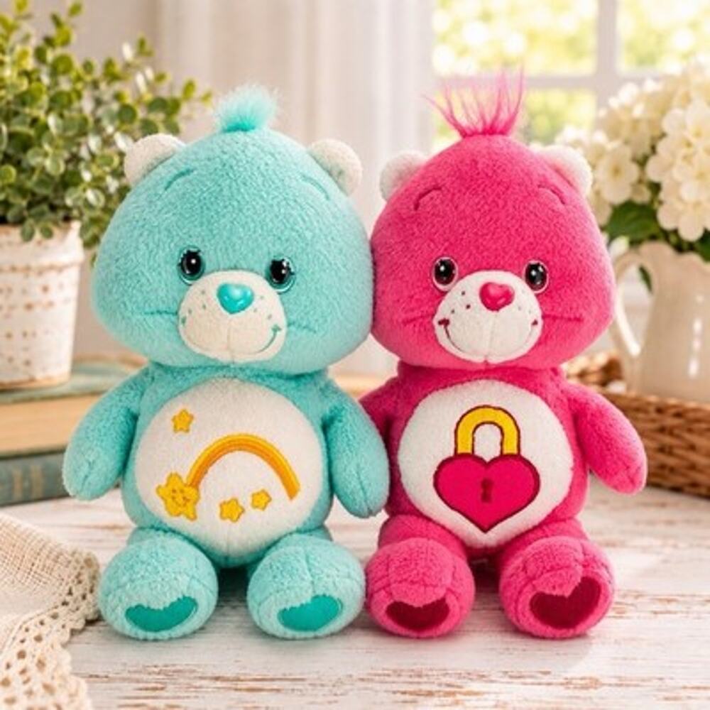 2002 Care Bears Wish Bear Secret Bear Plush Lot 2 Play Along 8 Inch